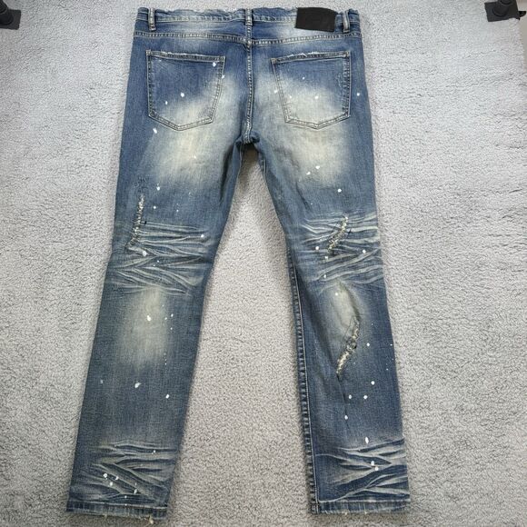 S VALABASAS Slim Straight Jeans Mens 40x30 Blue Denim Stretch Distressed - Picture 8 of 12